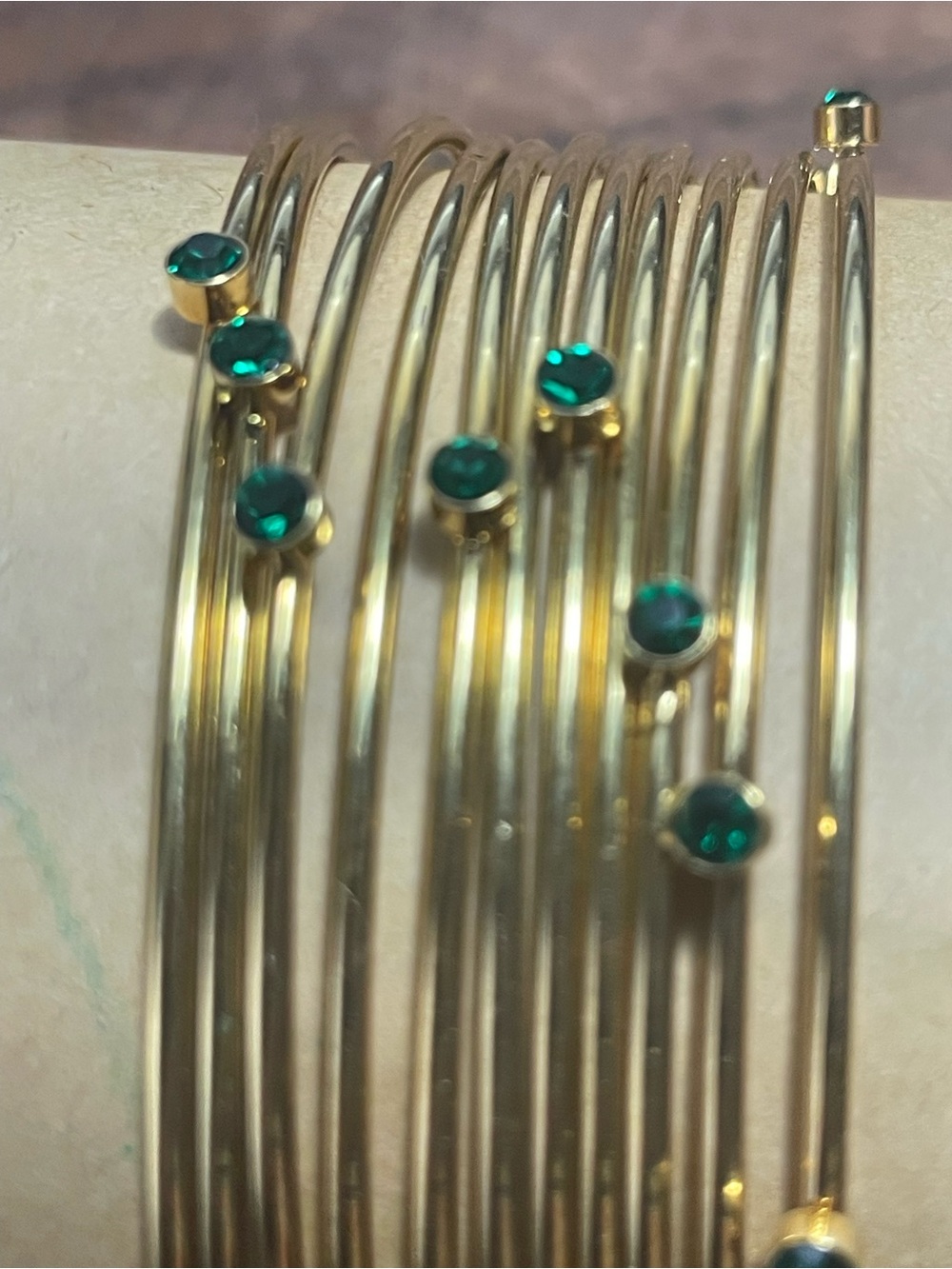 Vintage Gold Tone Multi-Wrap Bangle Bracelet with Emerald Green crystals